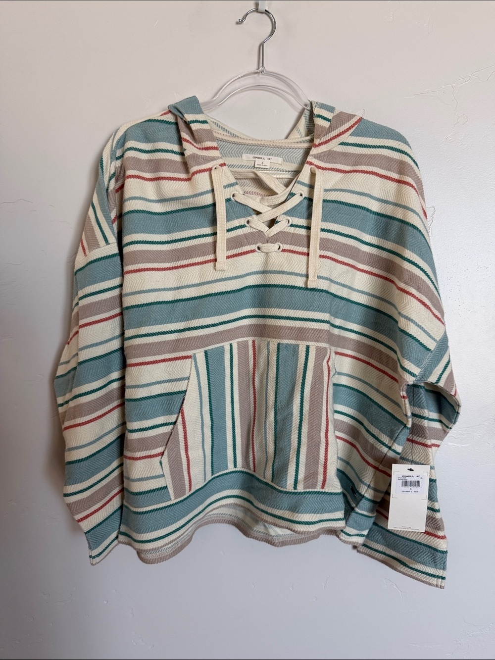 O'Neill Baja Hoodie Striped Beach Pullover Solstice Lace-Up Small